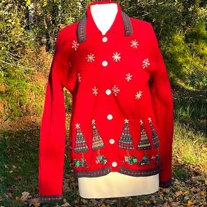 Talbots 100 percent Wool Holiday cardigan sweater button Appliqué  embroidery